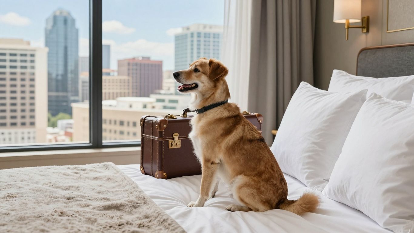 Dog relaxing in a pet-friendly hotel room in Austin.