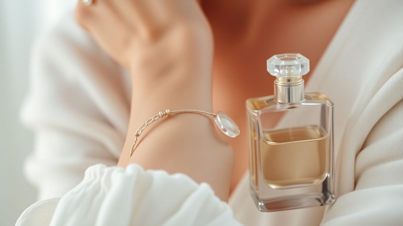Woman's wrist with perfume bottle nearby.