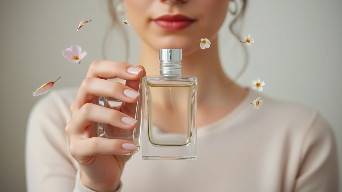Person holding perfume bottle with floral and scent swirls.