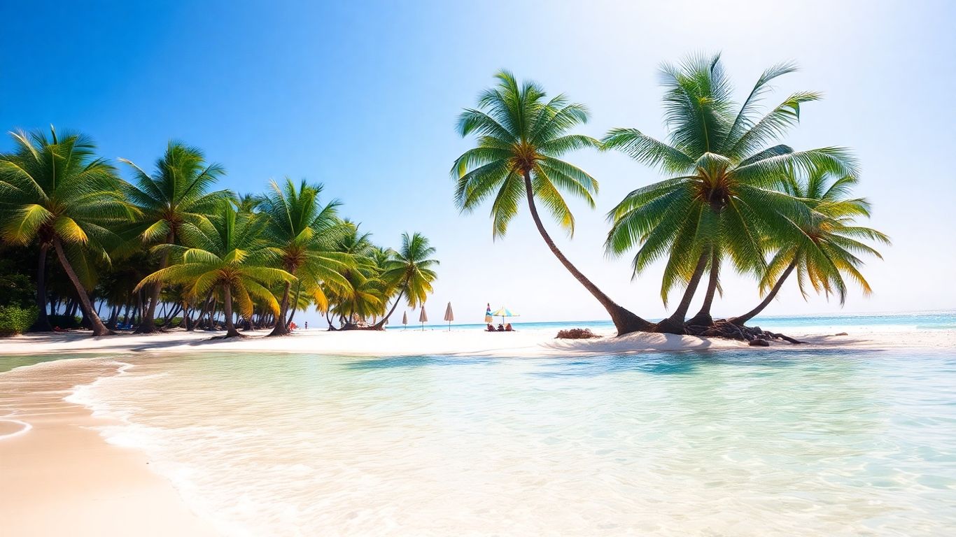 Sunny beach with palm trees and clear blue water.