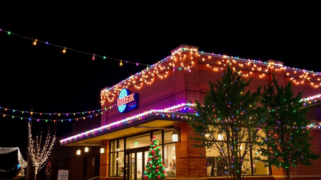 Oakville commercial building decorated with bright Christmas lights.