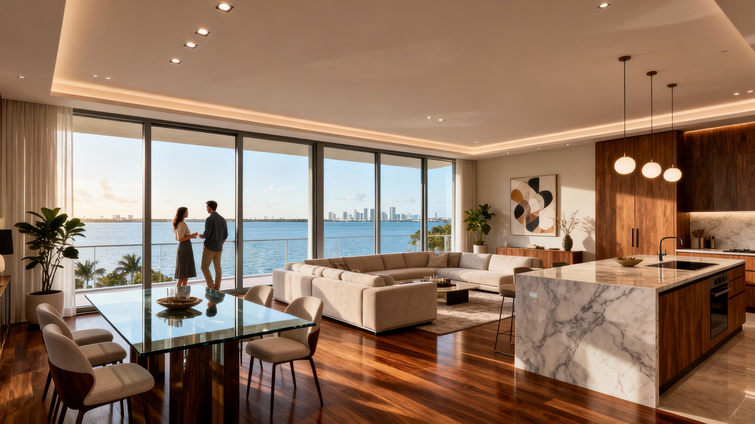 Stylish open-concept luxury condo interior with floor-to-ceiling windows overlooking Biscayne Bay