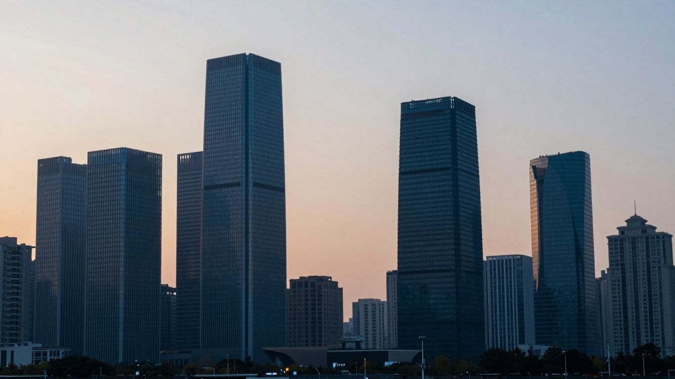 Cityscape at dawn with financial glow.