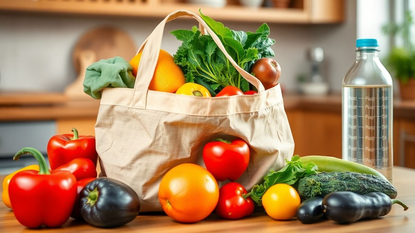 Plasă cu legume proaspete și sticlă reutilizabilă pe masă