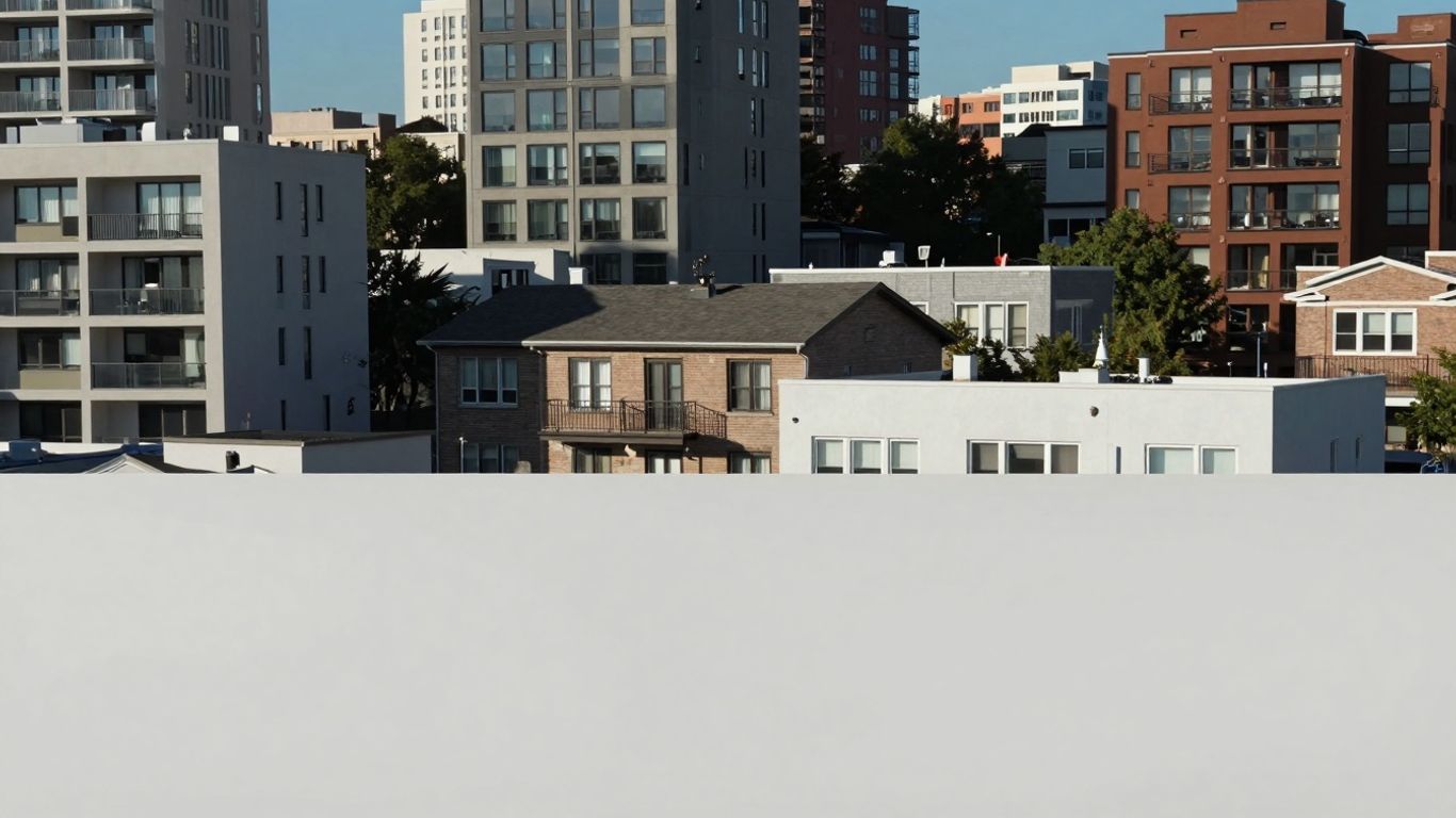 Cityscape with diverse housing options under a clear sky.