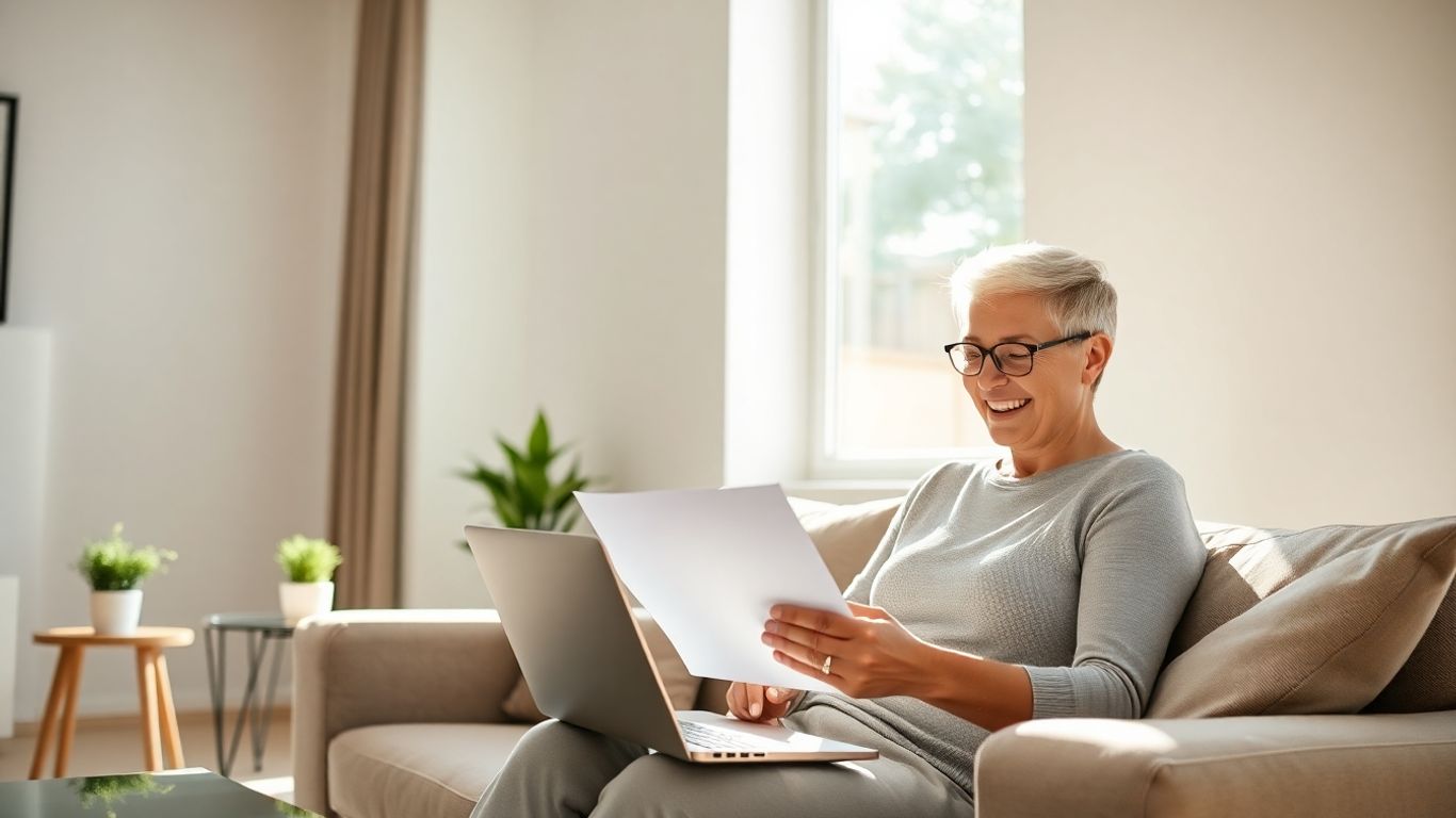 Persona feliz usando un comparador de seguros en casa.