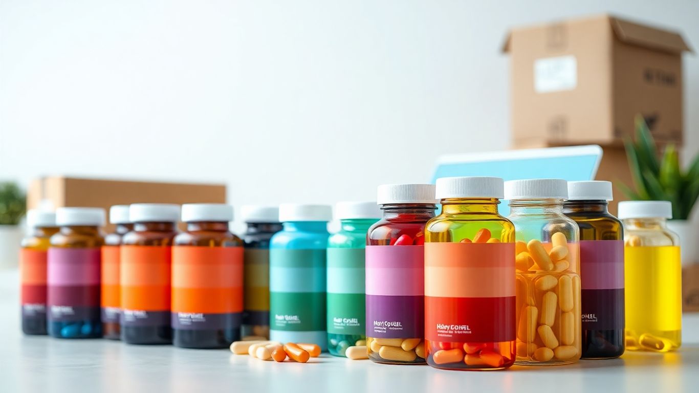 Supplement bottles and shipping box for dropshipping business.