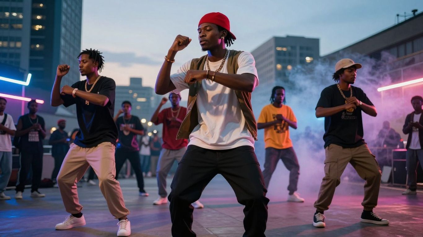 Afro-Drill dancers in urban setting with neon lights.