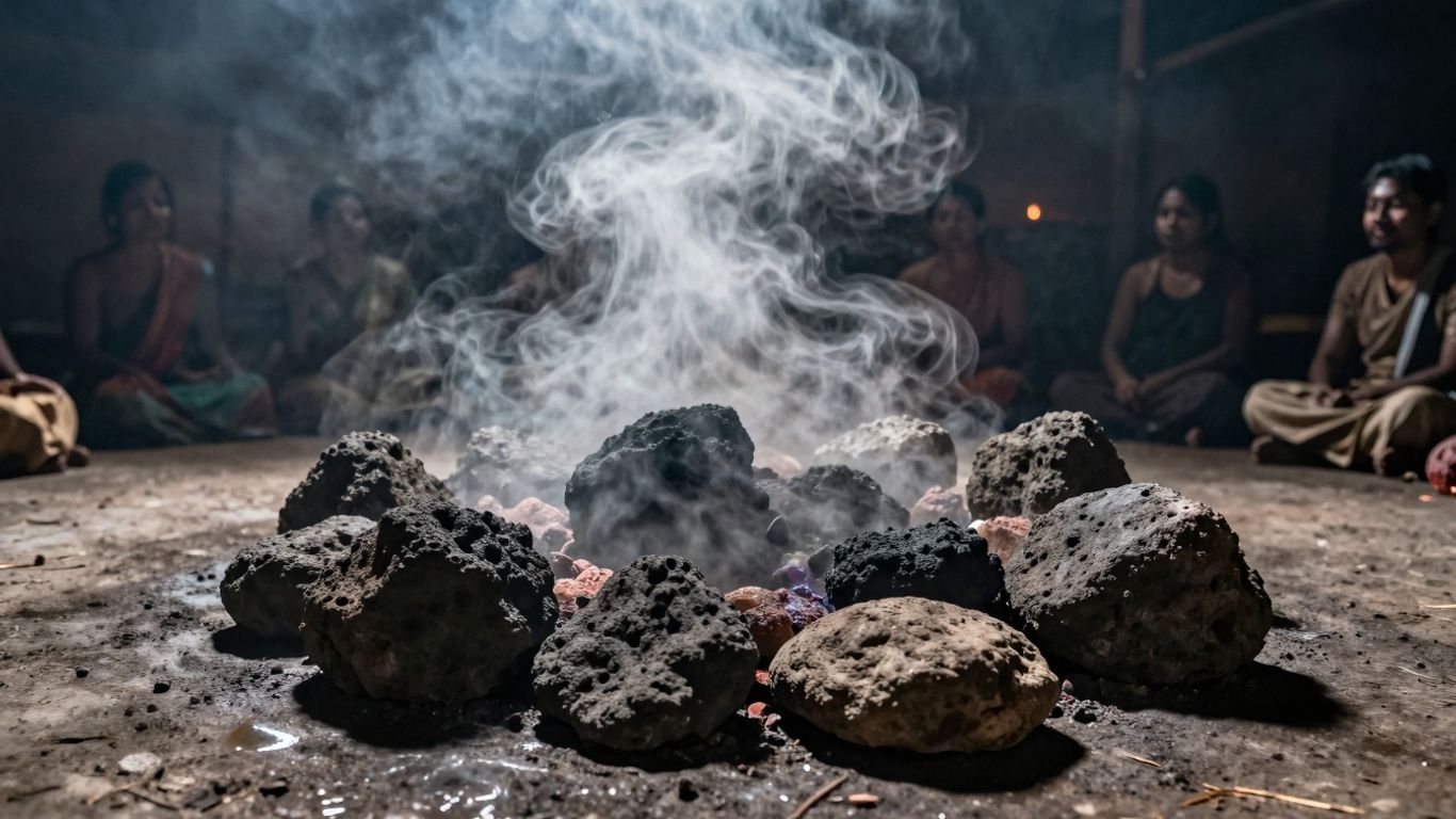 Interior of a traditional temazcal sweat lodge with steam.