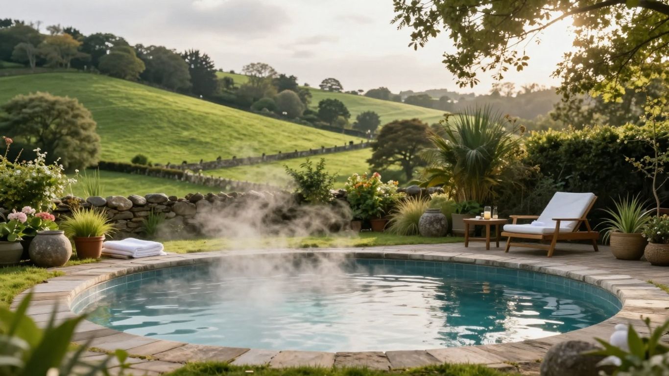 Serene UK spa retreat with rolling hills and tranquil pool.