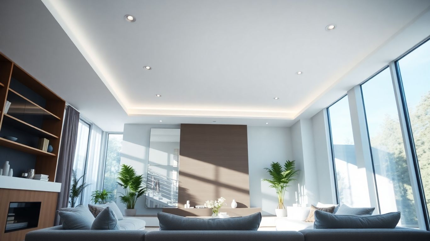 Daylight ceiling lights illuminating a modern living room.
