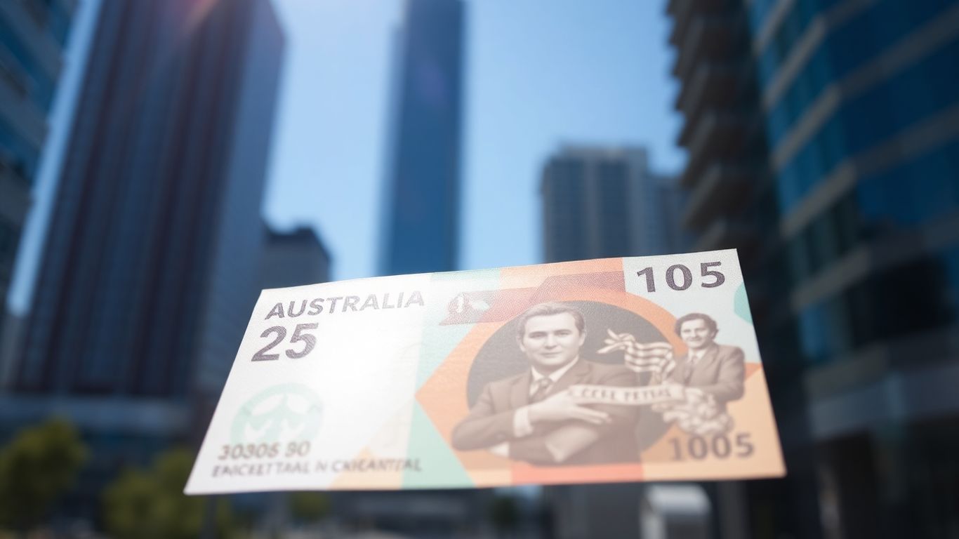 Australian currency with city skyline background.