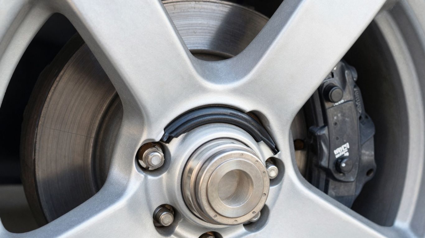 Car wheel hub, bearing, and seal close-up.