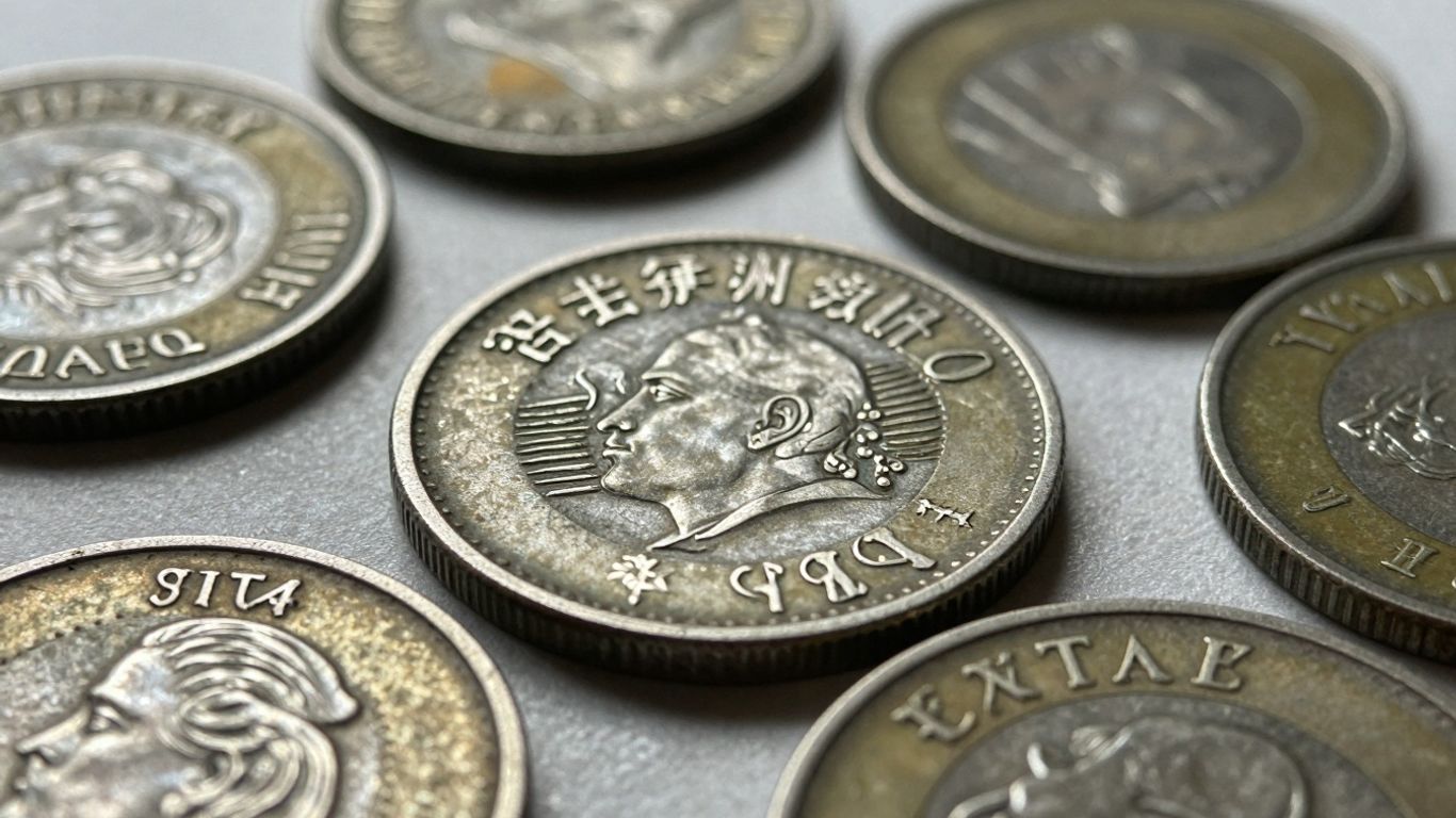 Close-up of rare key date coin among common coins.