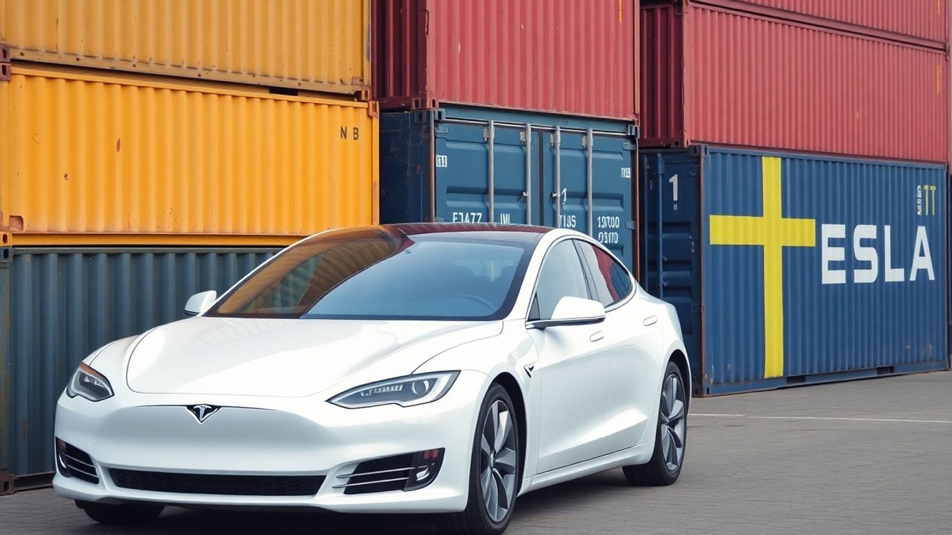 Tesla car blocked by shipping containers with Swedish flag.