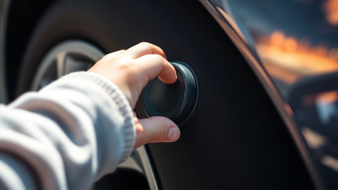Child's hand stealing a car tire cap.