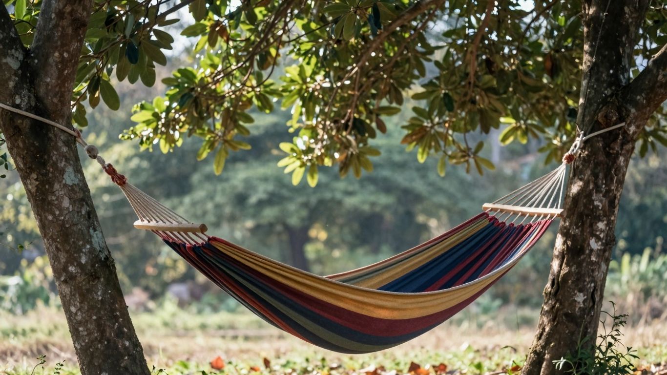 Hammock hanging between two trees in a forest.