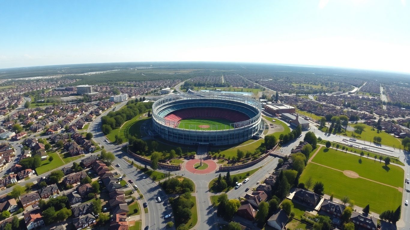 Orchard Park stadium and surrounding neighborhood aerial view.