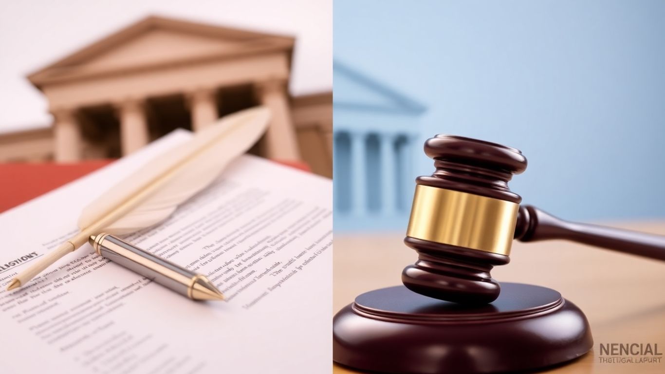 Split image: legal documents, quill pen, gavel, courthouse architecture.