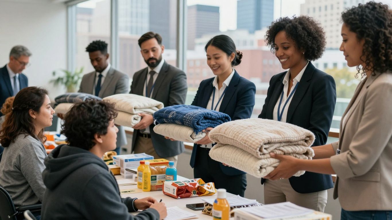 Business people helping homeless individuals with supplies in a city.