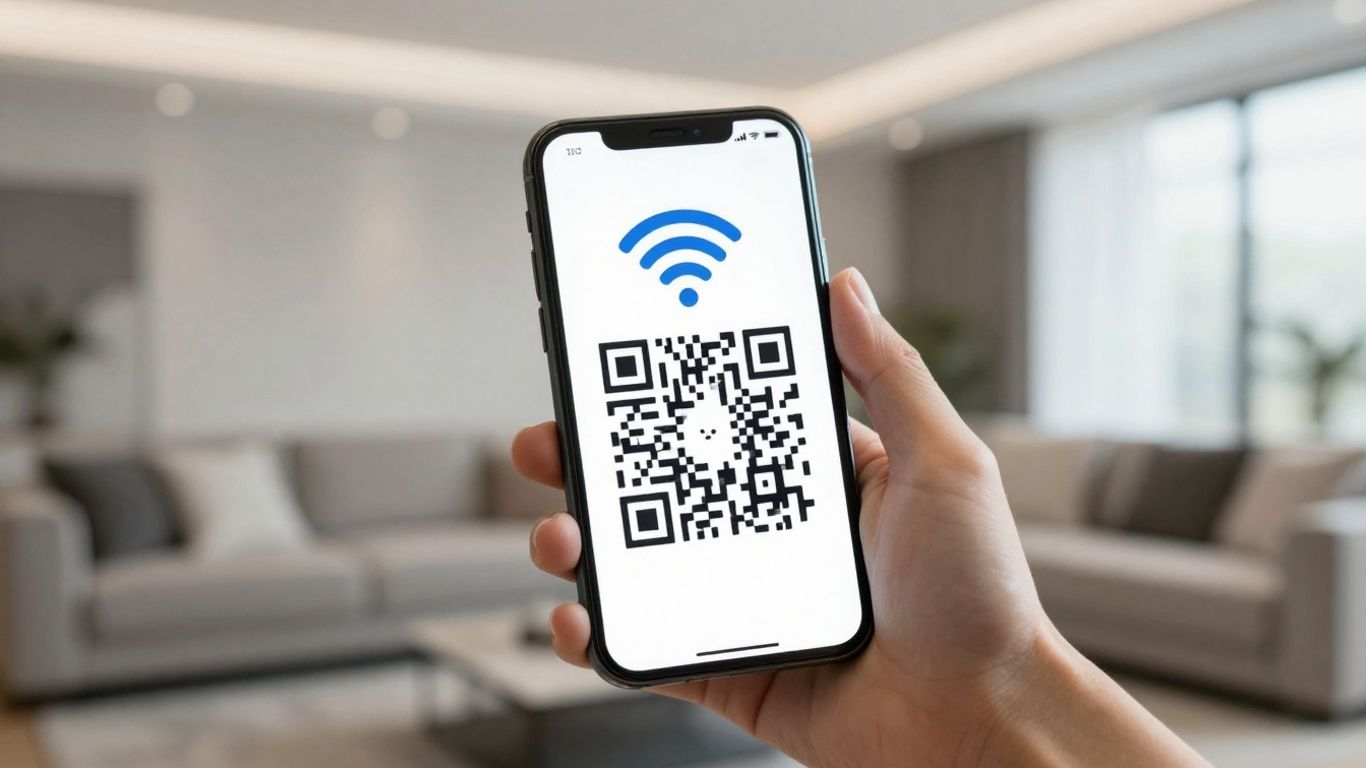 Smartphone showing WiFi QR code for easy connection.