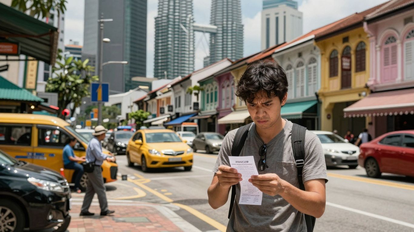 Kuala Lumpur street with confused person looking at receipt.