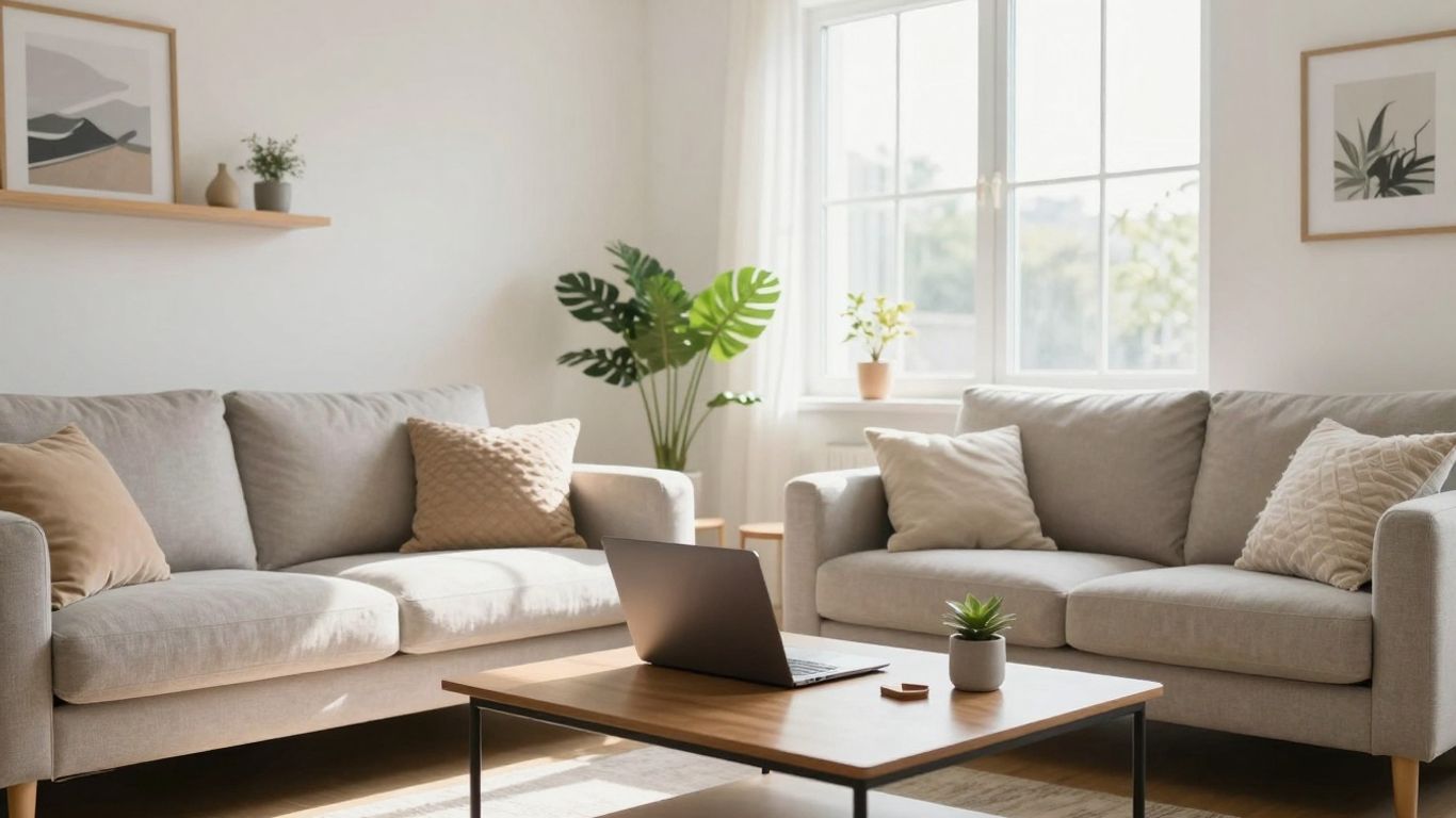 Modern living room with laptop, sunlight, and plants.