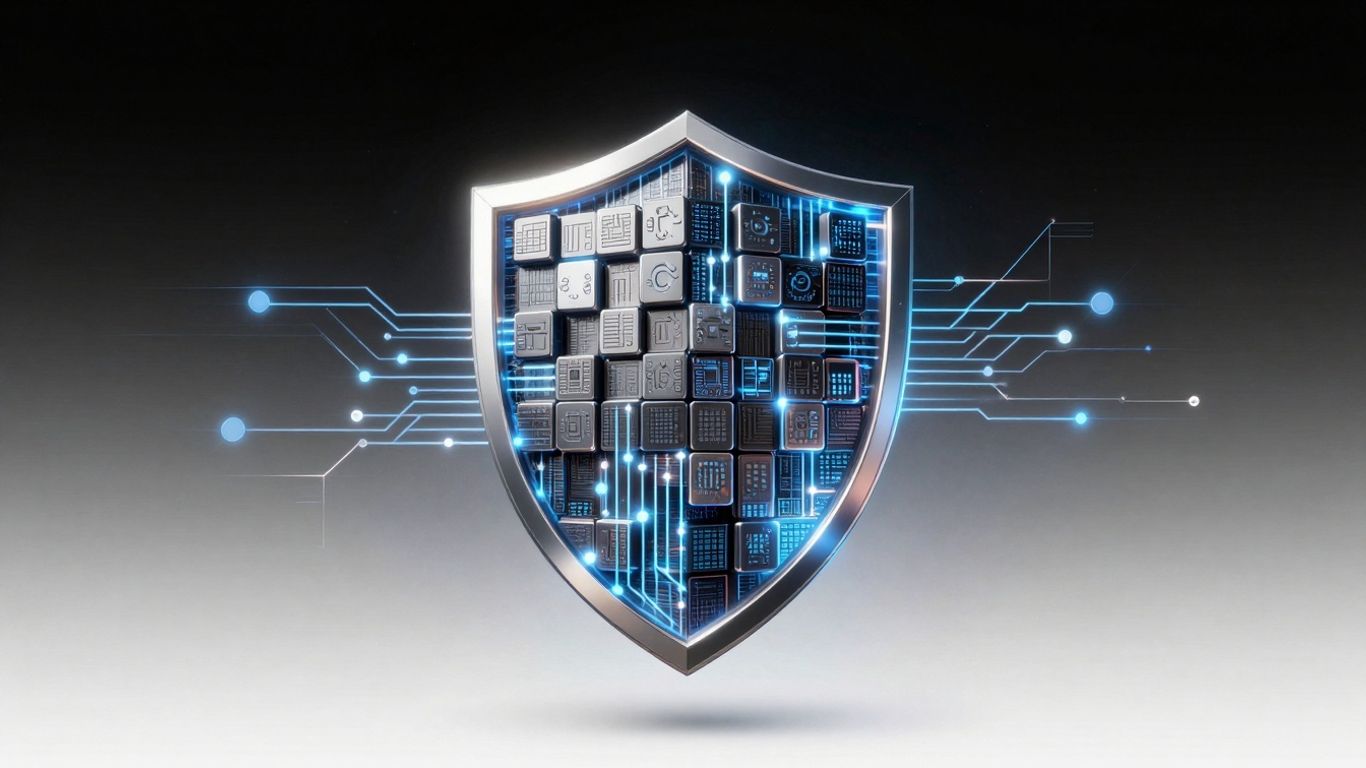Cybersecurity and blockchain protecting digital data.