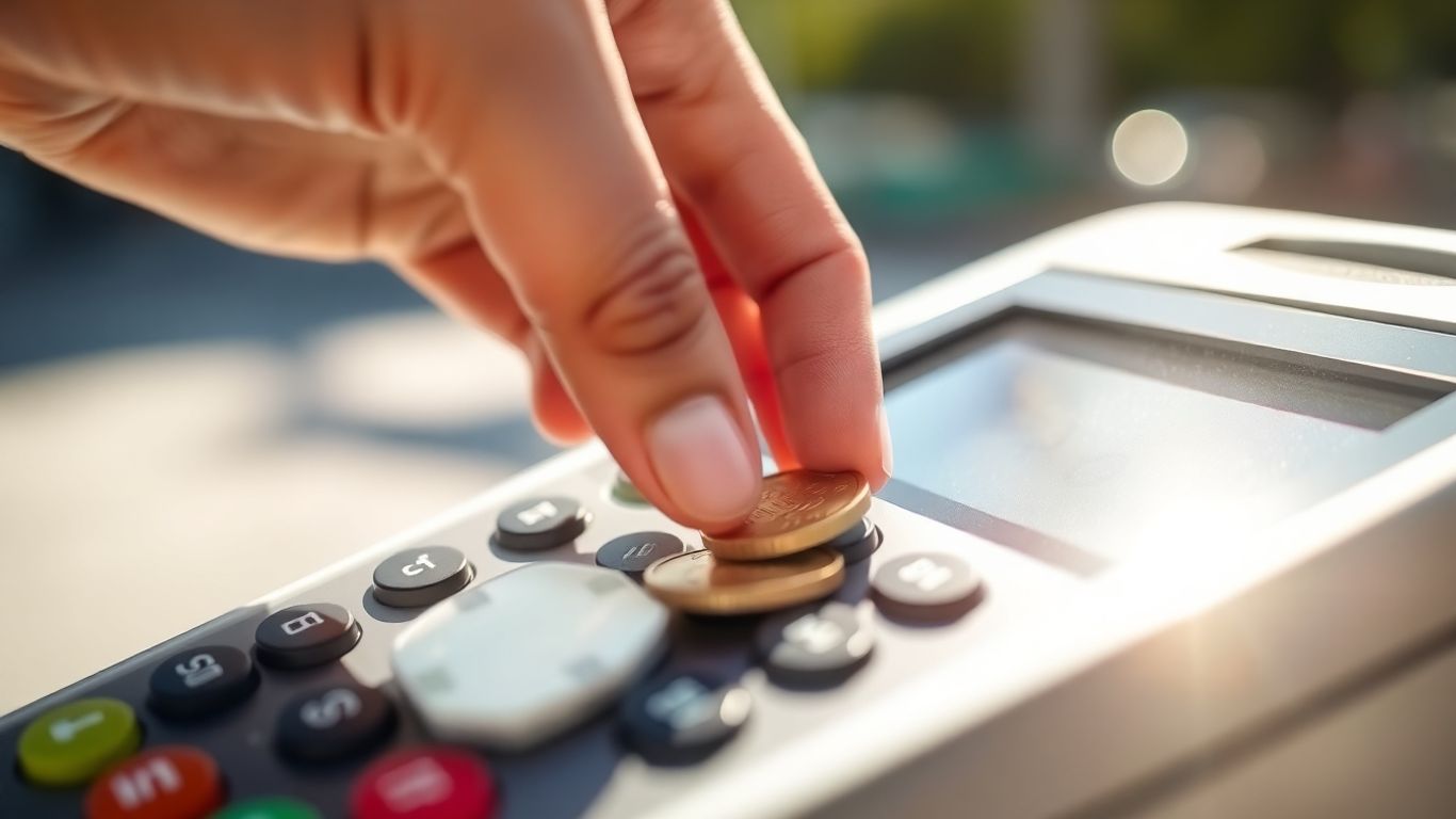 Hand bezahlt online Dienstleistung mit Münzen