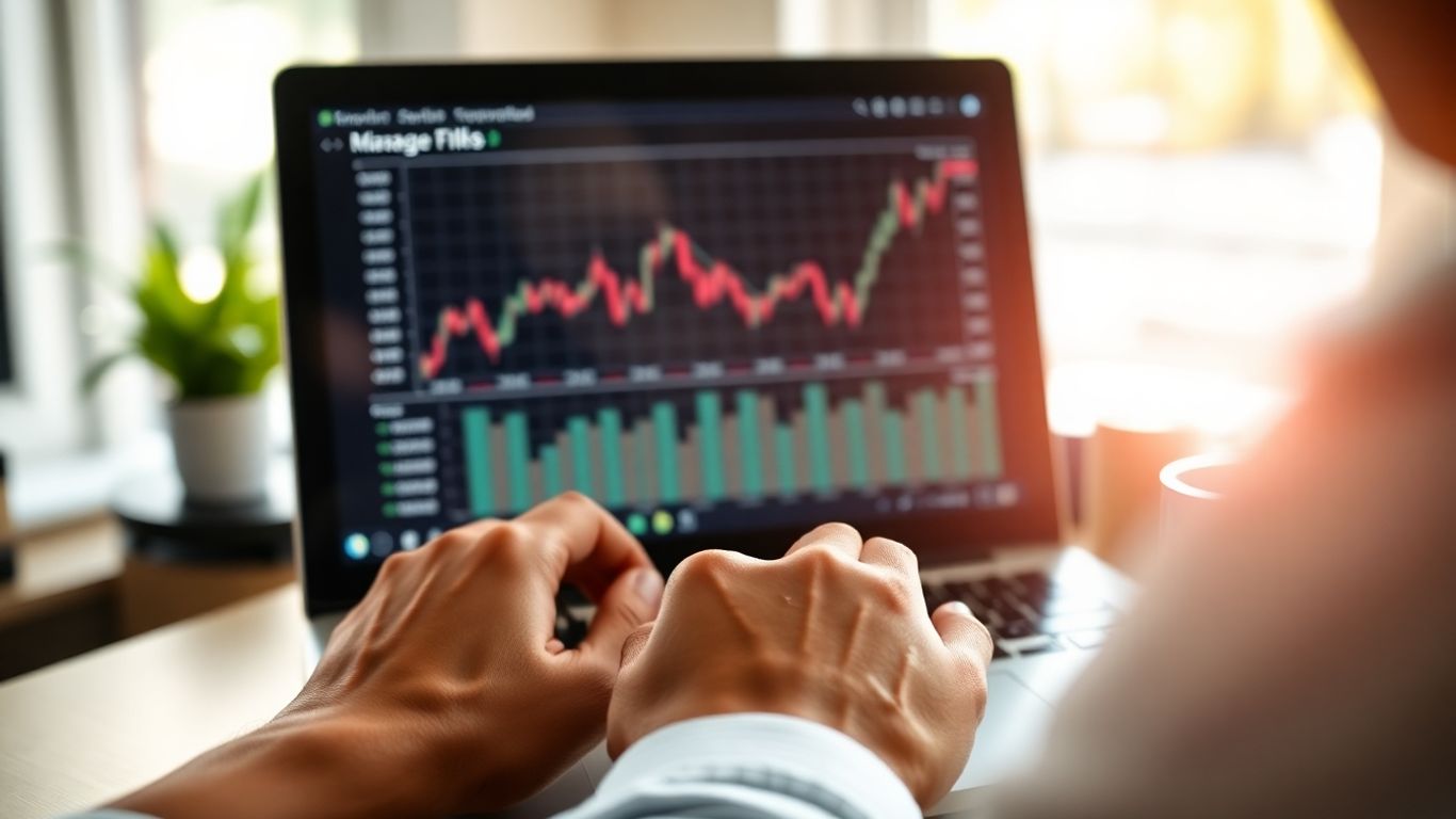 Hands on laptop with financial chart on screen.