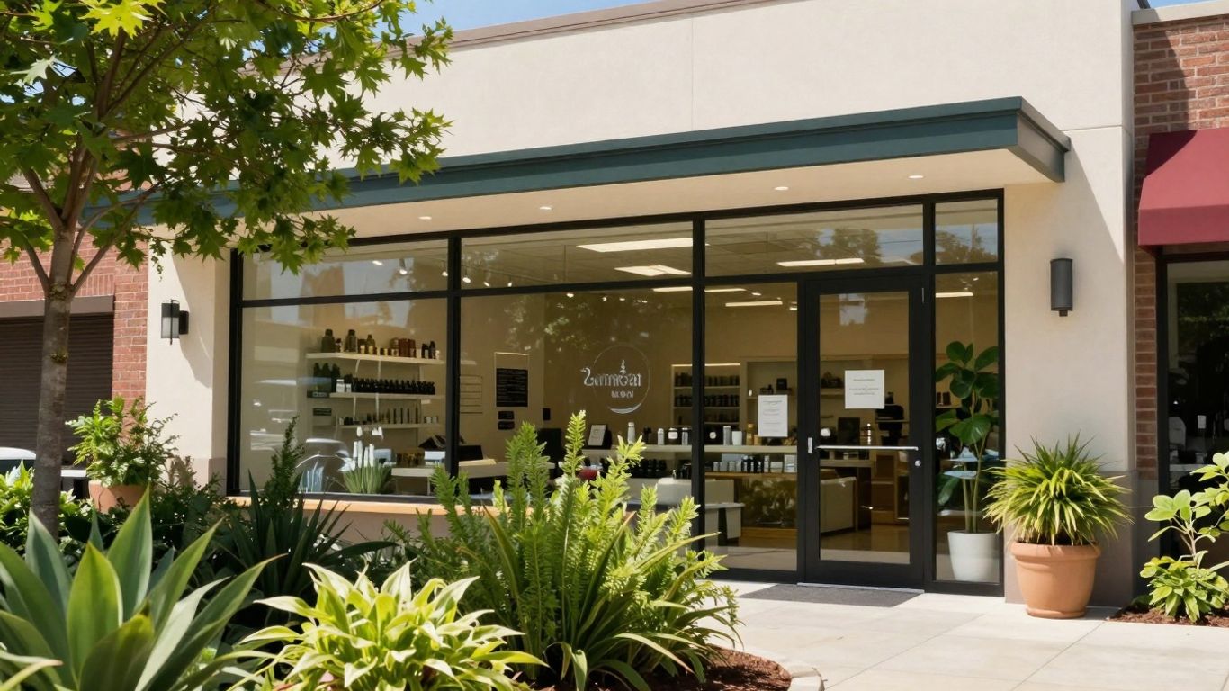 Modern dispensary exterior with plants and inviting facade.