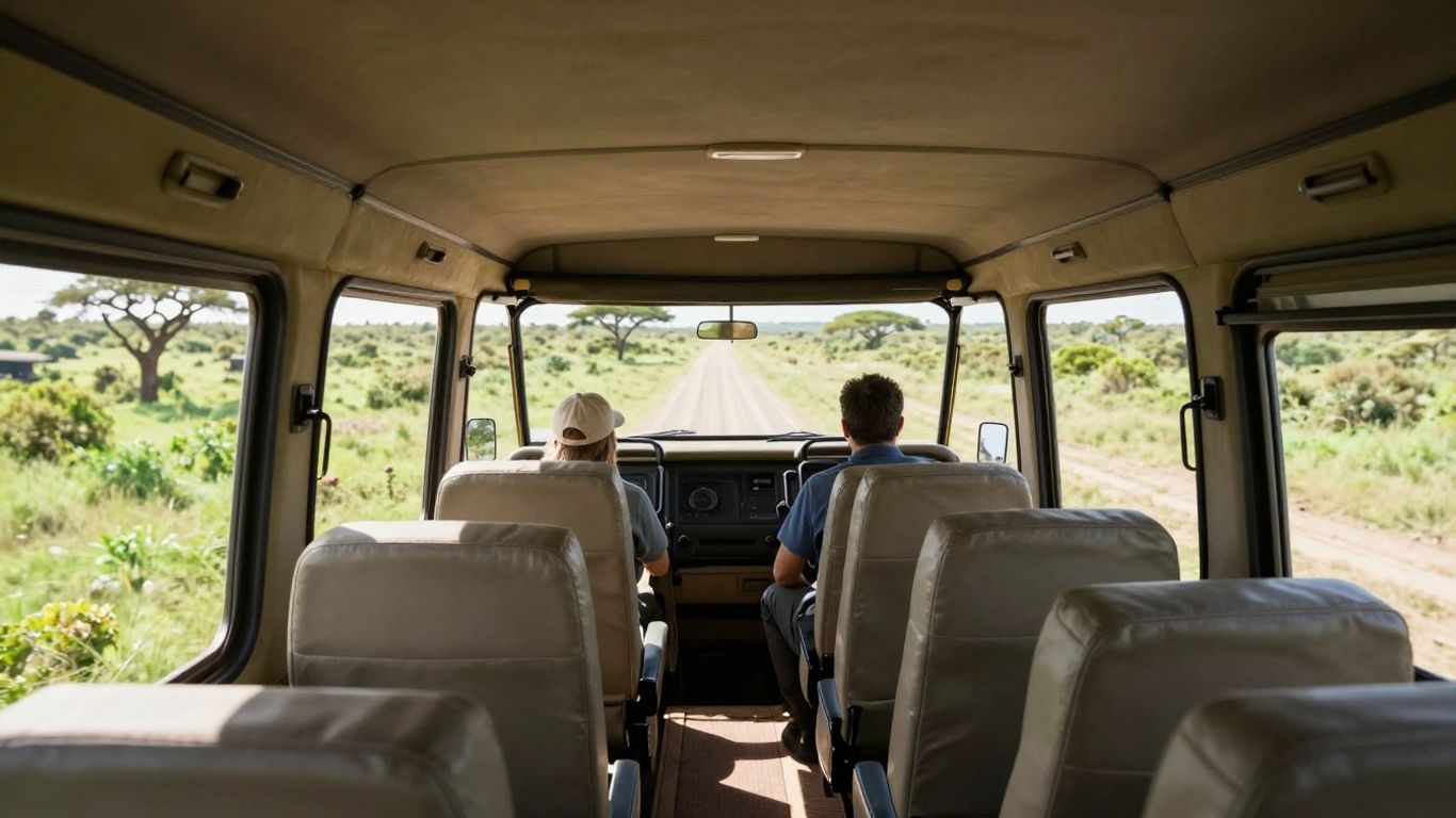 Interior of a safari vehicle with seats and windows.