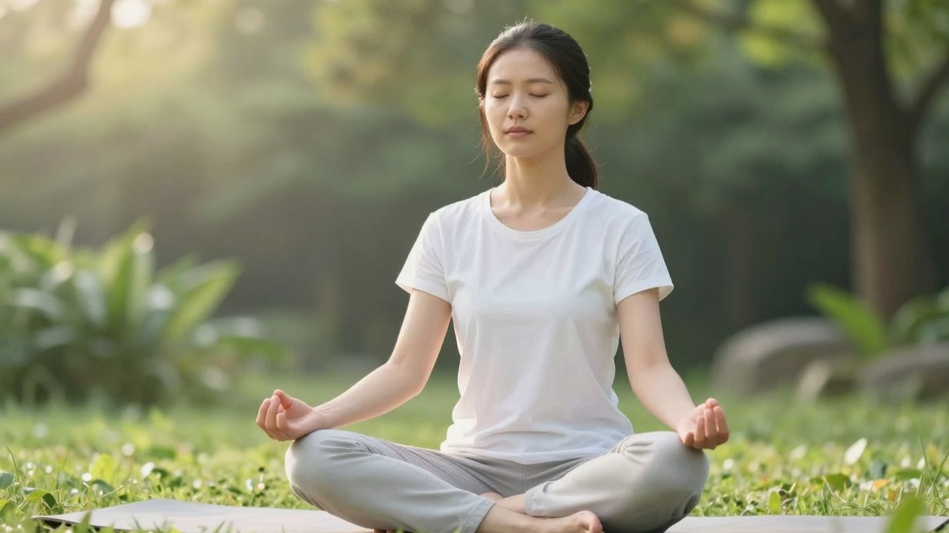 Persoană calmă meditează în natură, aer curat.