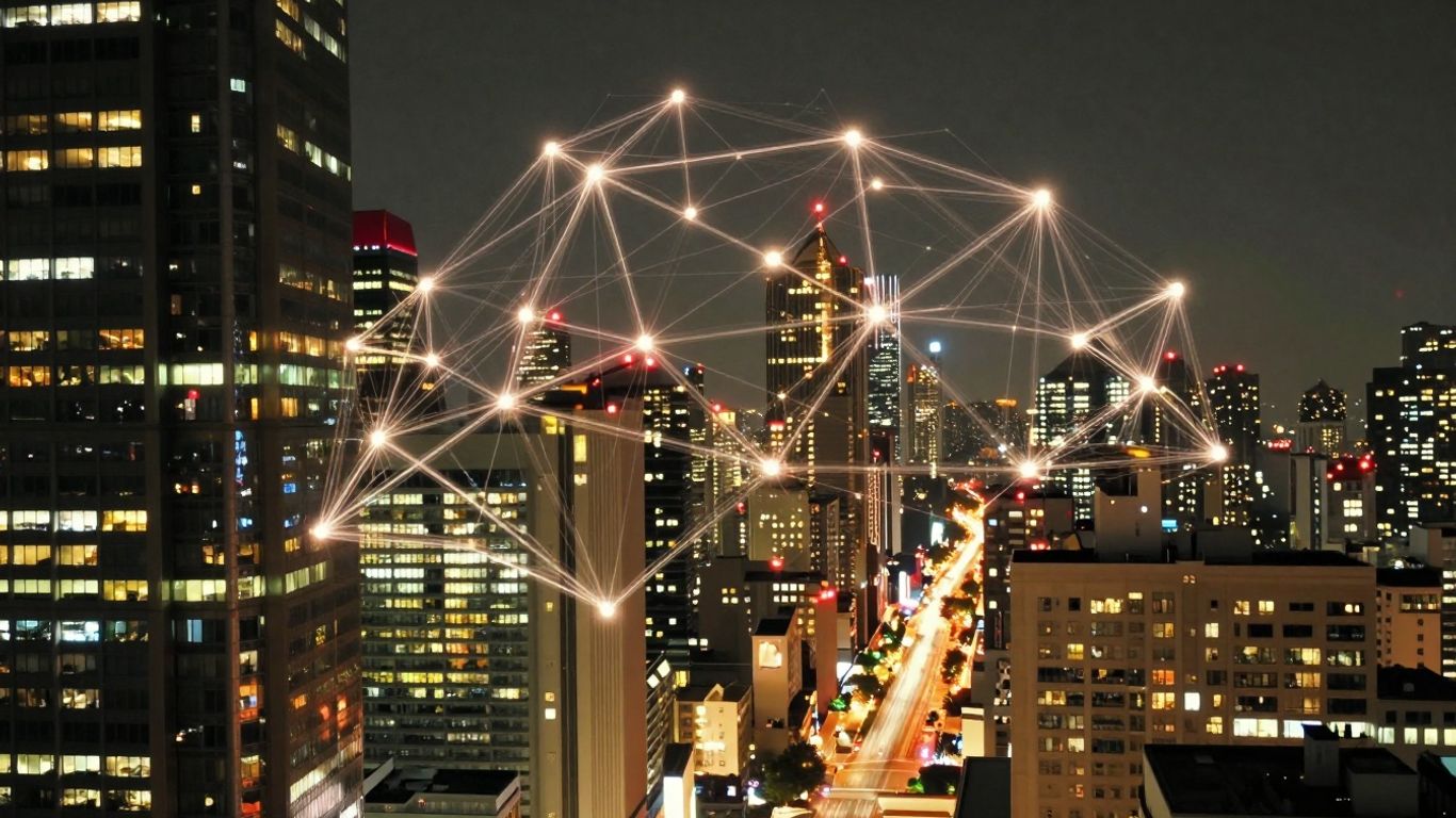 Oraș conectat prin linii digitale strălucitoare noaptea.