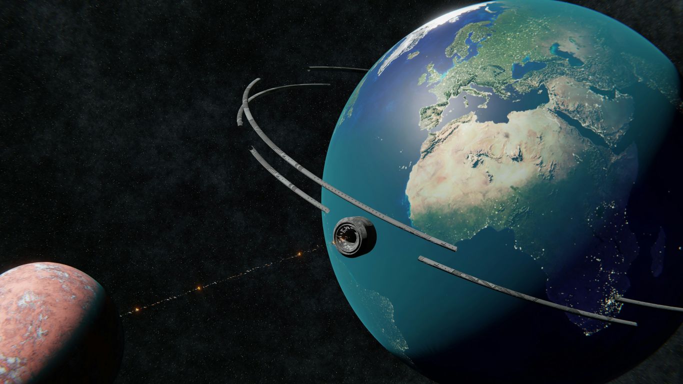 Earth and mars with orbital rings in space