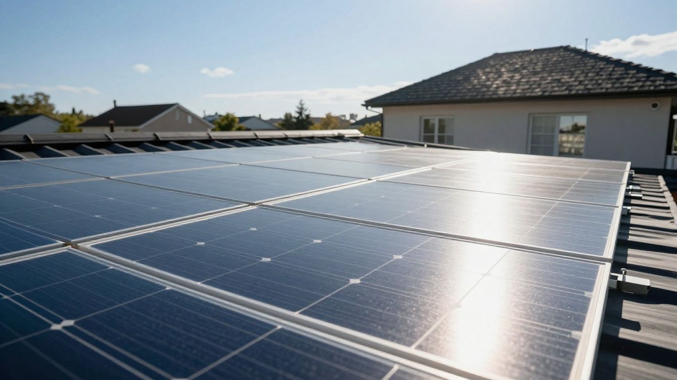 Solar panels on a sunny roof.
