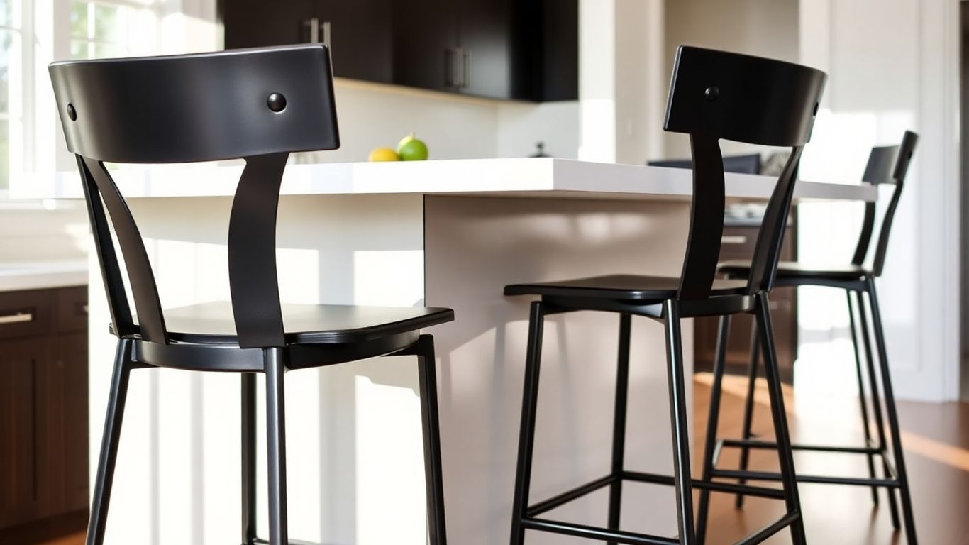 Modern black metal bar stools at a kitchen island.