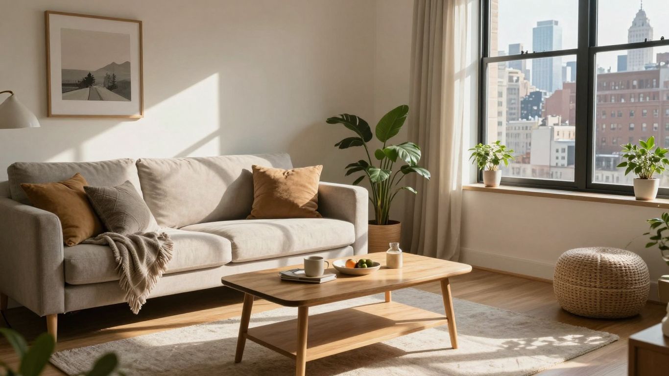 Sala de estar acogedora con luz natural y vista urbana.
