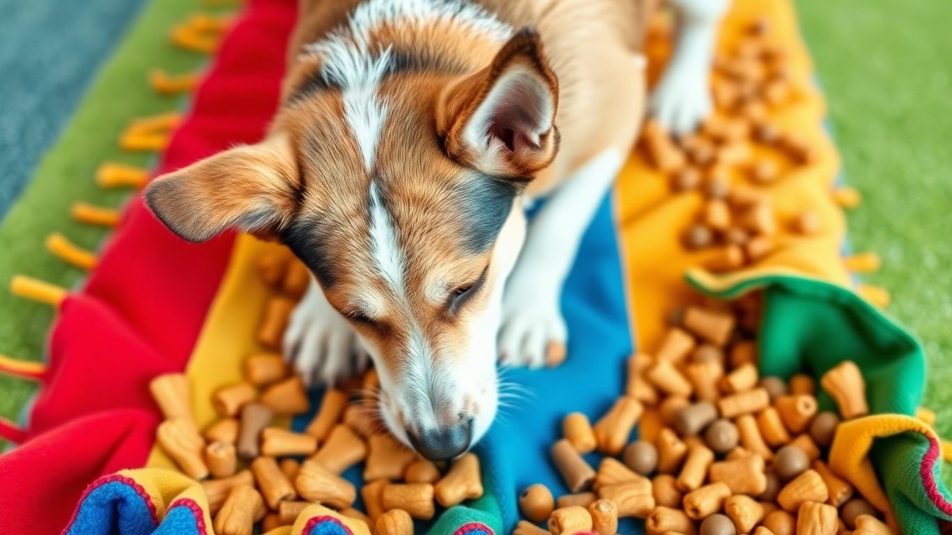 Dog enjoying a snuffle mat with treats.