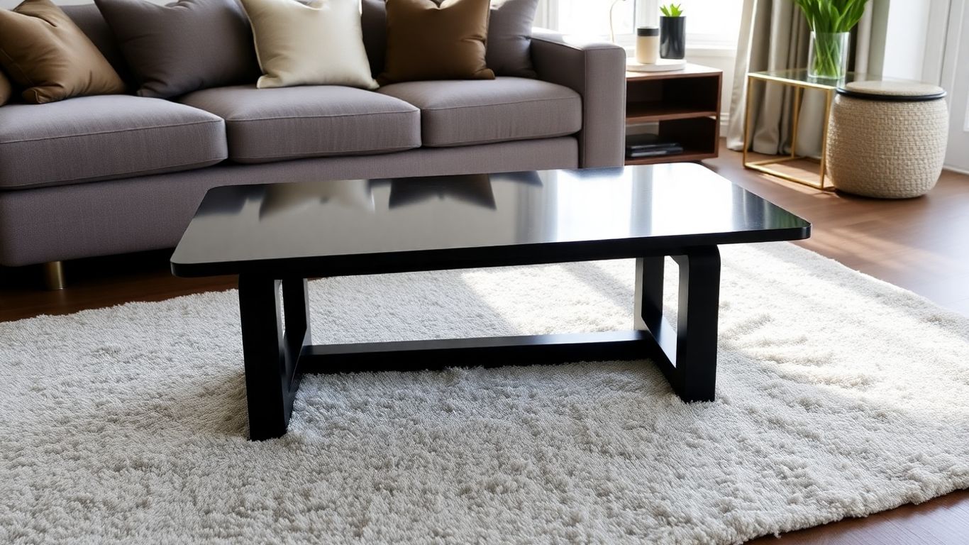 Modern black coffee table in a bright living room.