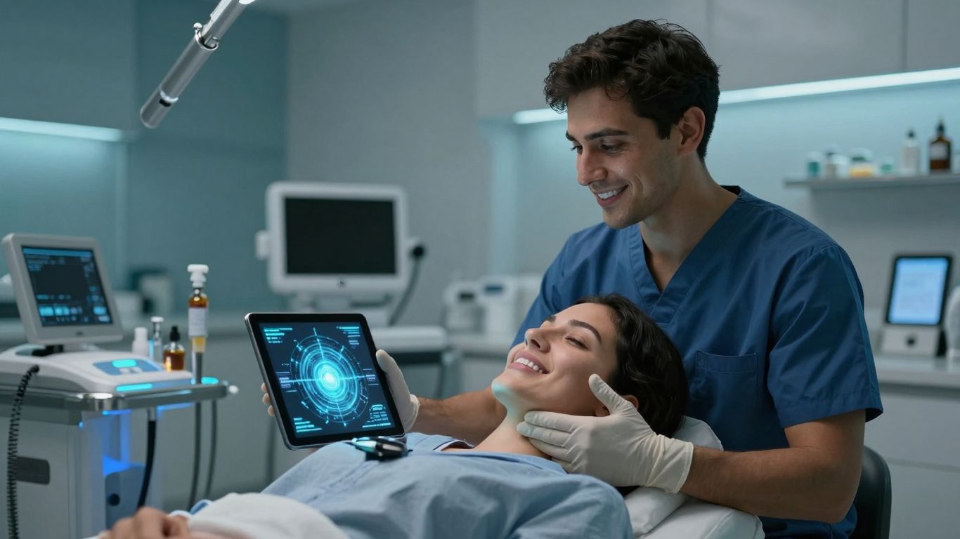 Clinic interior with happy patients and digital interface.