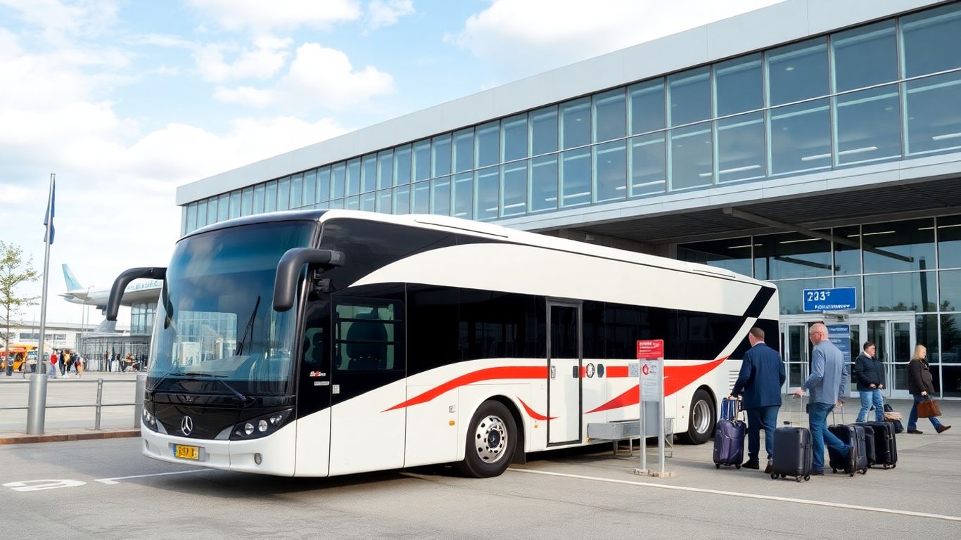 Coach bus at Gatwick Airport terminal entrance.