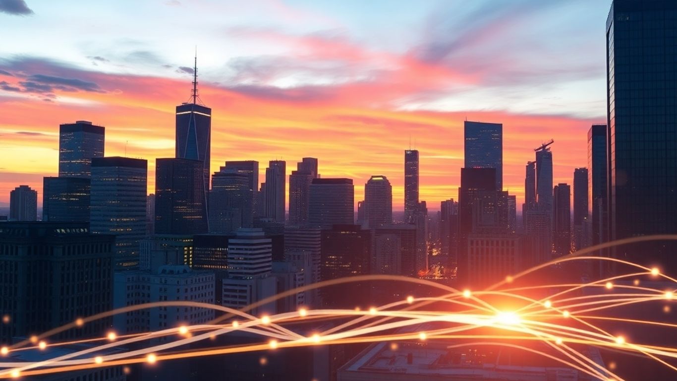 Oraș iluminat la apus, simbolizând creștere economică.