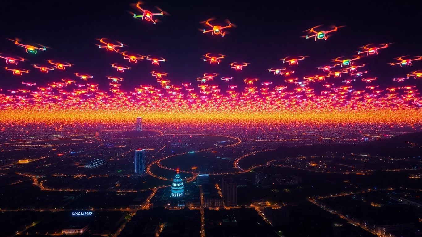 Drone show lighting up Indonesian night sky.