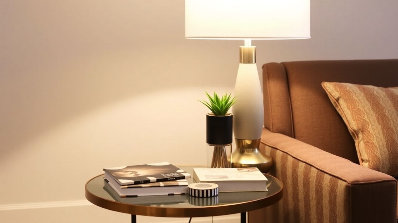 Tall side table with lamp and plant in living room.