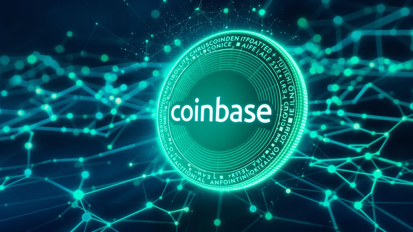 Coinbase logo on a digital coin, blockchain network background.