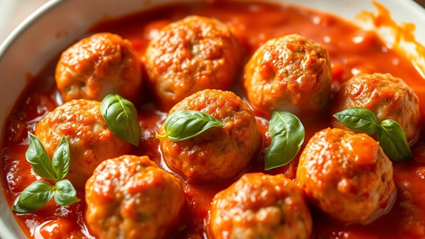 Ricotta meatballs in tomato sauce with basil garnish.
