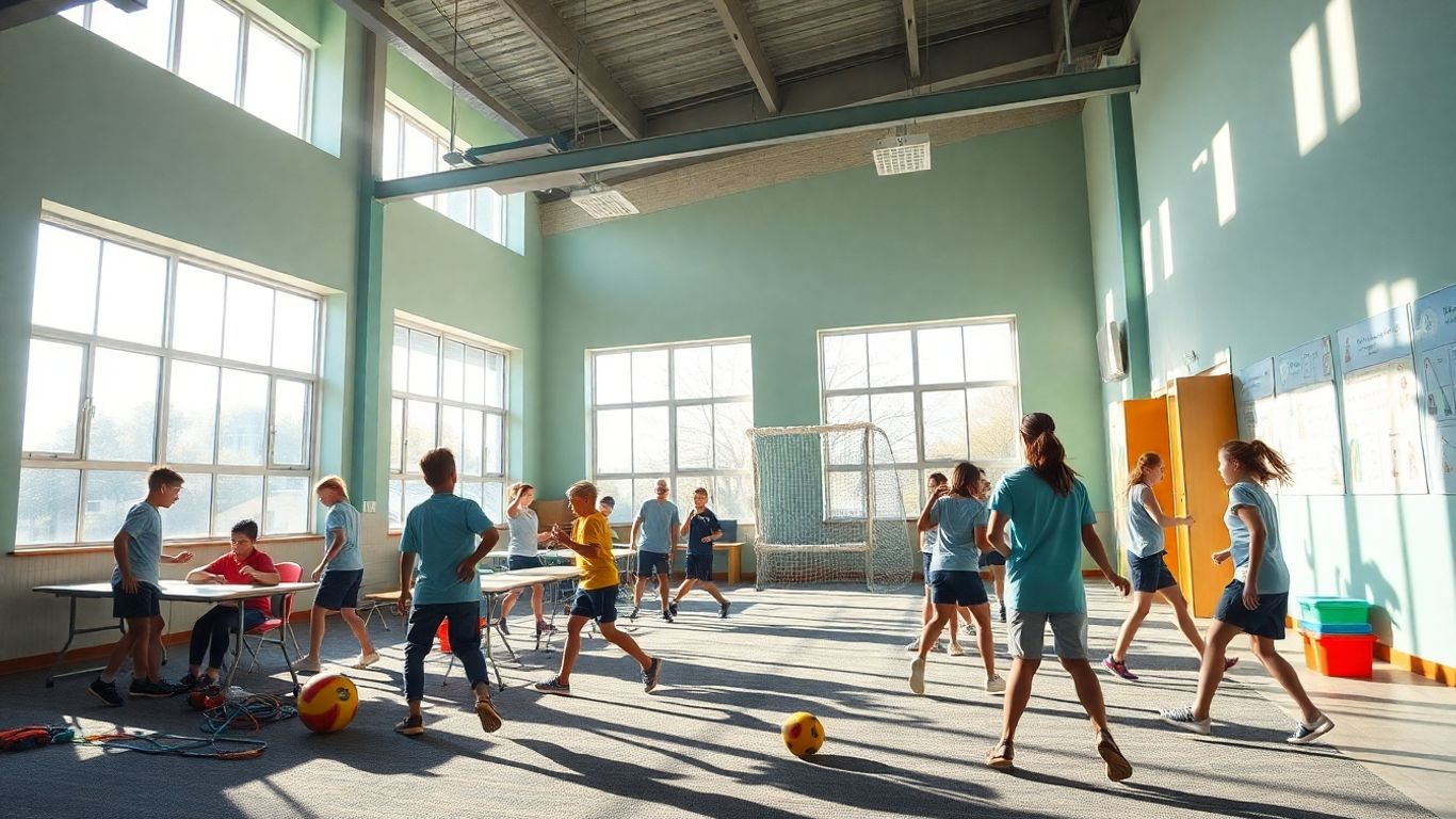 Sportunterricht mit aktiven Schülern und bunten Geräten.