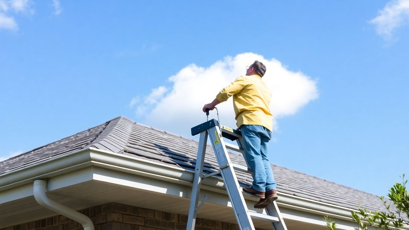 Homeowner inspecting roof with ladder on sunny day.