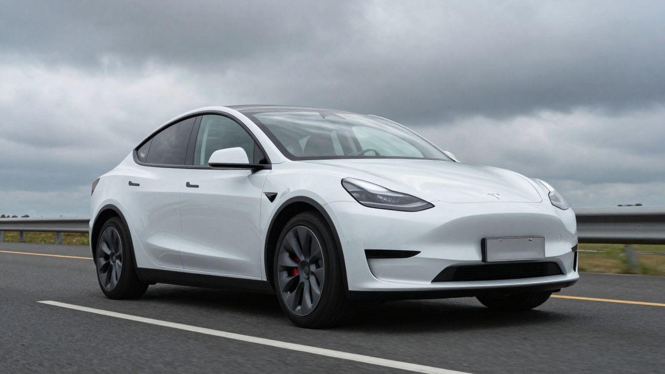 Tesla car on road, overcast sky.